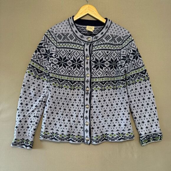 LL Bean Nordic Fair Isle Lambs Wool Cardigan Sweater Womens Small Vintage - Picture 1 of 10